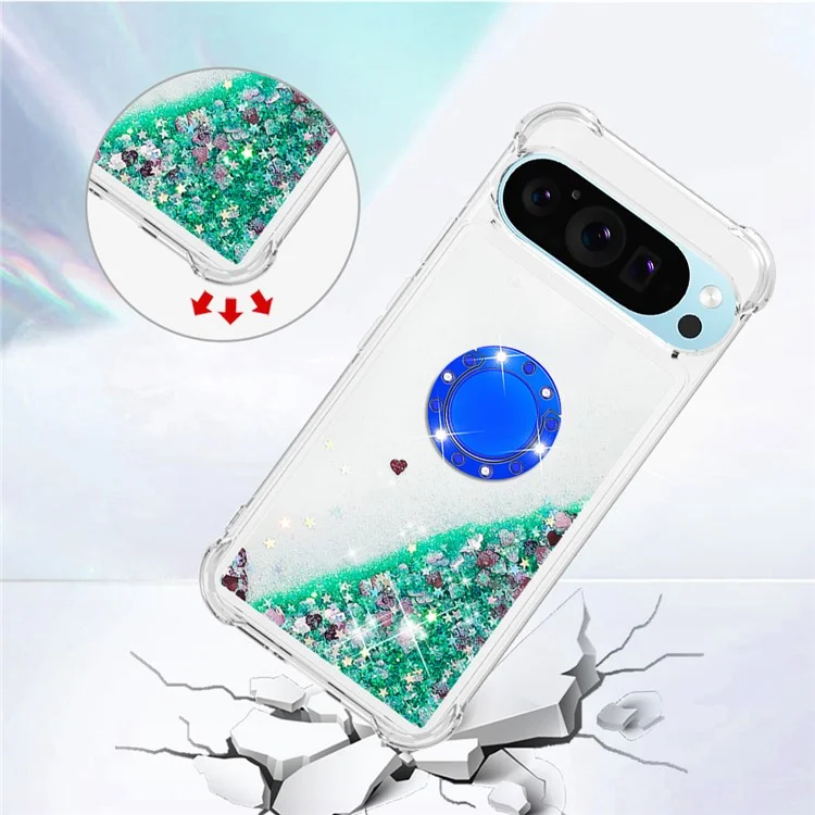 For Google Pixel 9 Pro XL TPU Case with Kickstand Quicksand Shockproof Cover - Green / Hearts
