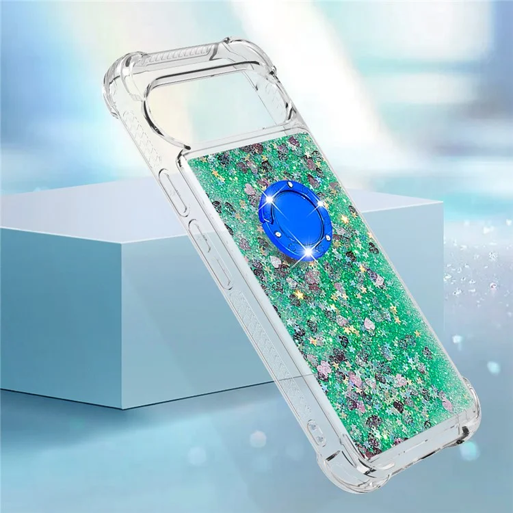 For Google Pixel 9 Pro XL TPU Case with Kickstand Quicksand Shockproof Cover - Green / Hearts