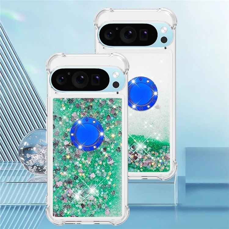 For Google Pixel 9 Pro XL TPU Case with Kickstand Quicksand Shockproof Cover - Green / Hearts