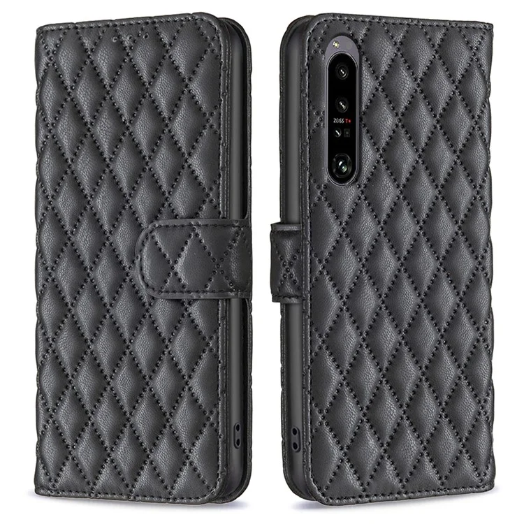 BINFEN COLOR BF Style-14 Para Sony Xperia 1 VI Carcasa Mate Funda Tipo Cartera con Diseño de Rejilla de Rombos - Negro