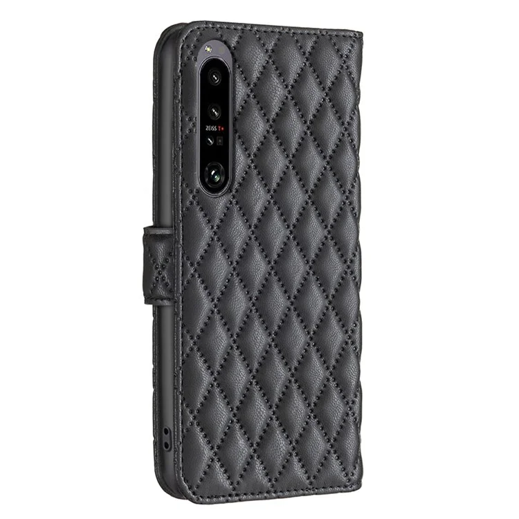 BINFEN COLOR BF Style-14 Para Sony Xperia 1 VI Carcasa Mate Funda Tipo Cartera con Diseño de Rejilla de Rombos - Negro