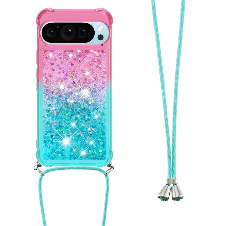 YB Quicksand Series-6 per Google Pixel 9 / Pixel 9 Pro Case Gradient Sequin TPU Phone Cover con Cordino - Rosa+Celeste