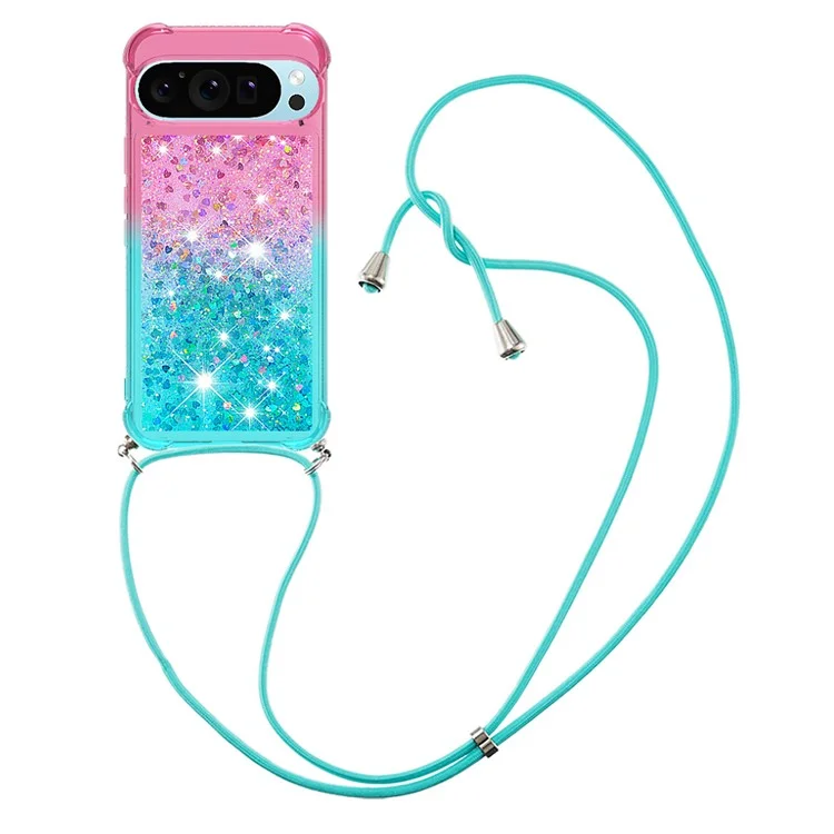 YB Quicksand Series-6 per Google Pixel 9 / Pixel 9 Pro Case Gradient Sequin TPU Phone Cover con Cordino - Rosa+Celeste