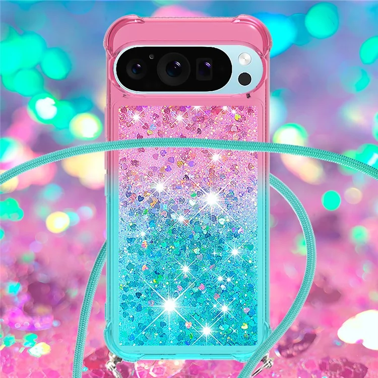 YB Quicksand Series-6 per Google Pixel 9 / Pixel 9 Pro Case Gradient Sequin TPU Phone Cover con Cordino - Rosa+Celeste