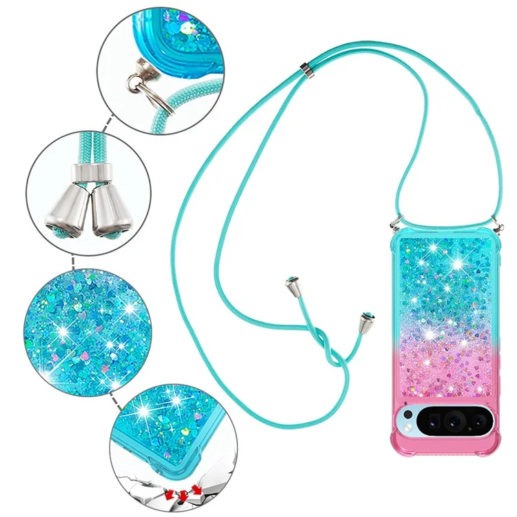 YB Quicksand Series-6 per Google Pixel 9 / Pixel 9 Pro Case Gradient Sequin TPU Phone Cover con Cordino - Rosa+Celeste