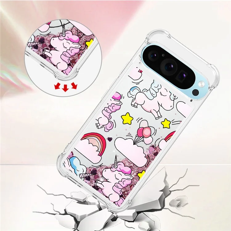 For Google Pixel 9 / Pixel 9 Pro TPU Case with Quicksand and Pattern Printed - Cute Horse and Clouds