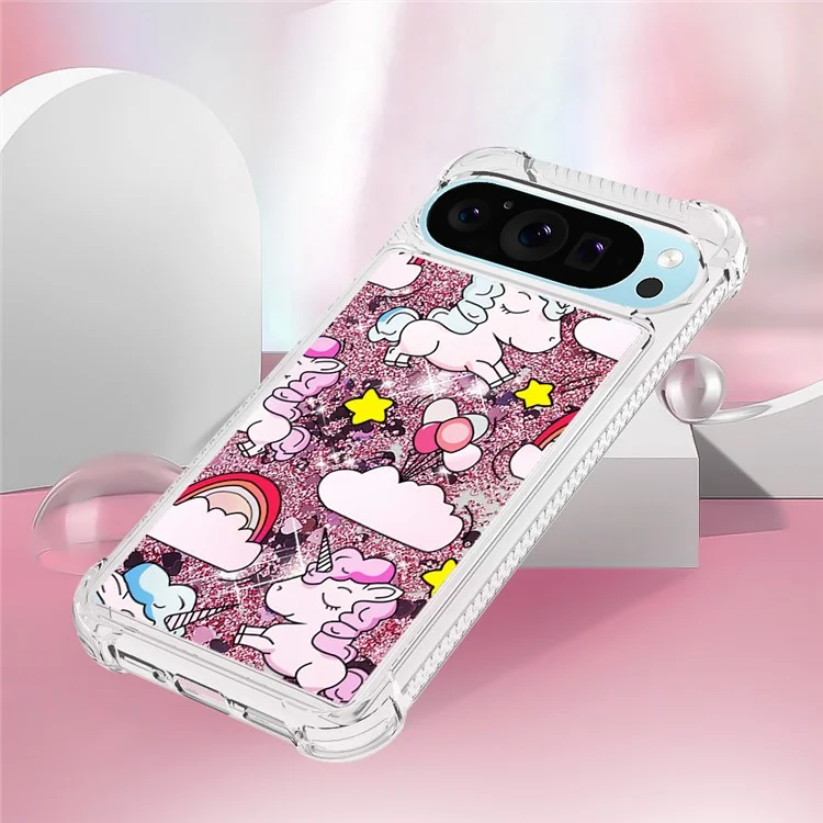 For Google Pixel 9 / Pixel 9 Pro TPU Case with Quicksand and Pattern Printed - Cute Horse and Clouds