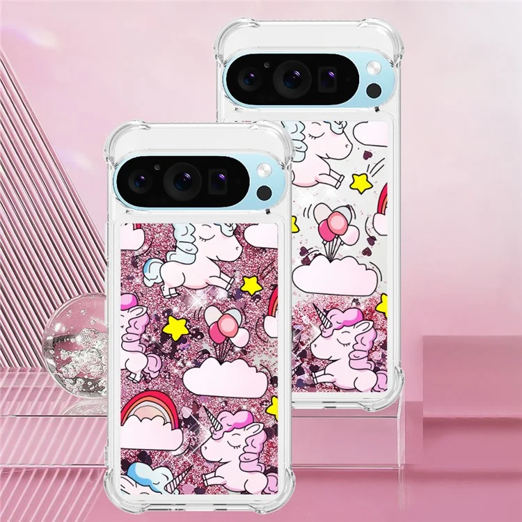 For Google Pixel 9 / Pixel 9 Pro TPU Case with Quicksand and Pattern Printed - Cute Horse and Clouds