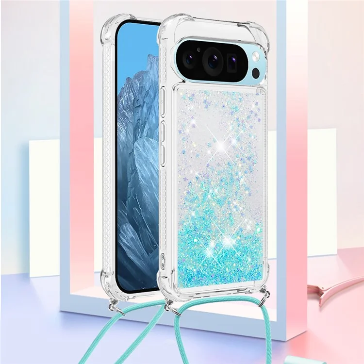 For Google Pixel 9 / Pixel 9 Pro TPU Case Quicksand Design Phone Cover with Lanyard - Blue / Pentagram