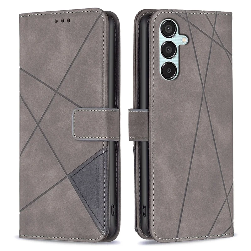 BINFEN COLOR For Samsung Galaxy M15 5G Phone Cases Wallet Stand Geometry Imprint Leather Cover - Grey