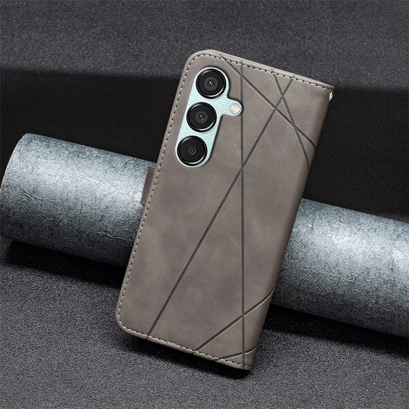 BINFEN COLOR For Samsung Galaxy M15 5G Phone Cases Wallet Stand Geometry Imprint Leather Cover - Grey