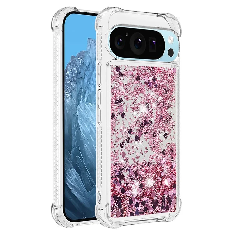 For Google Pixel 9 / Pixel 9 Pro TPU Case Glitter Quicksand Shockproof Phone Back Cover - Rose Gold / Hearts