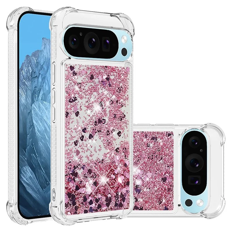 For Google Pixel 9 / Pixel 9 Pro TPU Case Glitter Quicksand Shockproof Phone Back Cover - Rose Gold / Hearts