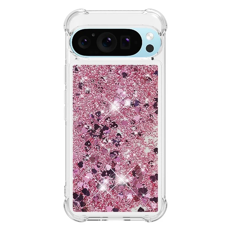 For Google Pixel 9 / Pixel 9 Pro TPU Case Glitter Quicksand Shockproof Phone Back Cover - Rose Gold / Hearts