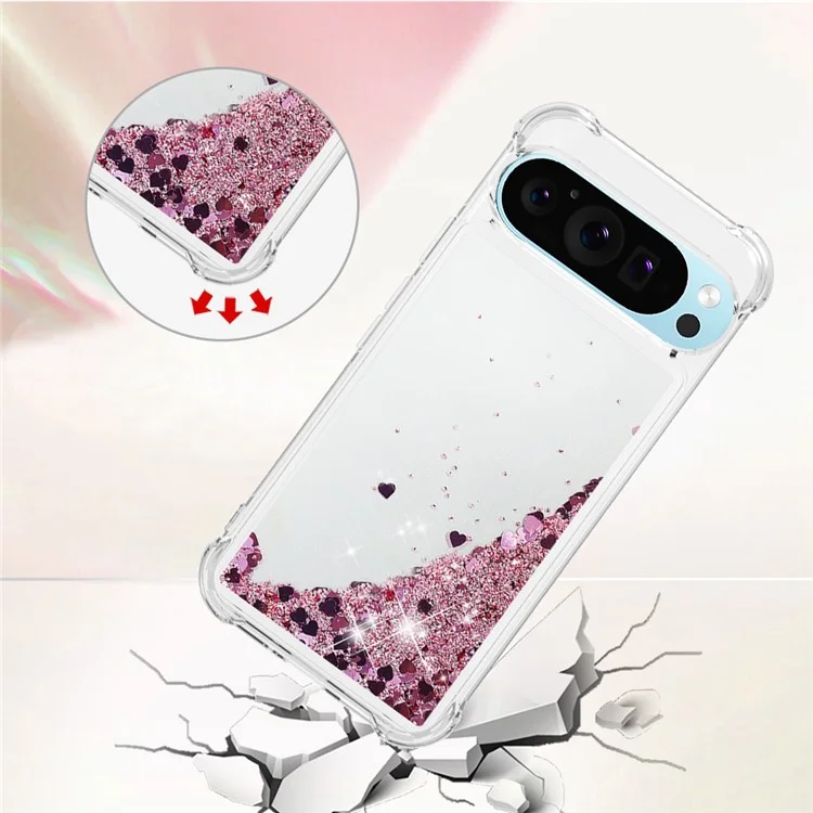For Google Pixel 9 / Pixel 9 Pro TPU Case Glitter Quicksand Shockproof Phone Back Cover - Rose Gold / Hearts
