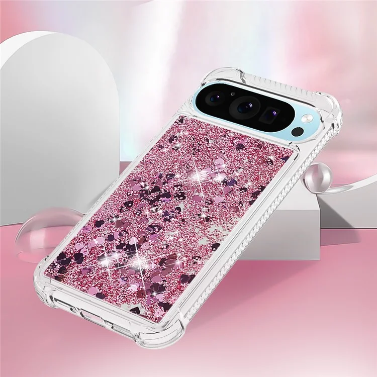For Google Pixel 9 / Pixel 9 Pro TPU Case Glitter Quicksand Shockproof Phone Back Cover - Rose Gold / Hearts