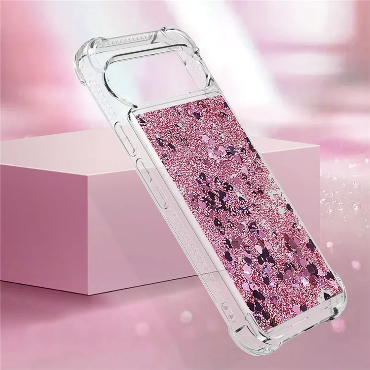For Google Pixel 9 / Pixel 9 Pro TPU Case Glitter Quicksand Shockproof Phone Back Cover - Rose Gold / Hearts
