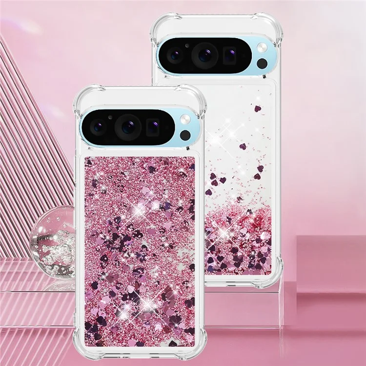 For Google Pixel 9 / Pixel 9 Pro TPU Case Glitter Quicksand Shockproof Phone Back Cover - Rose Gold / Hearts