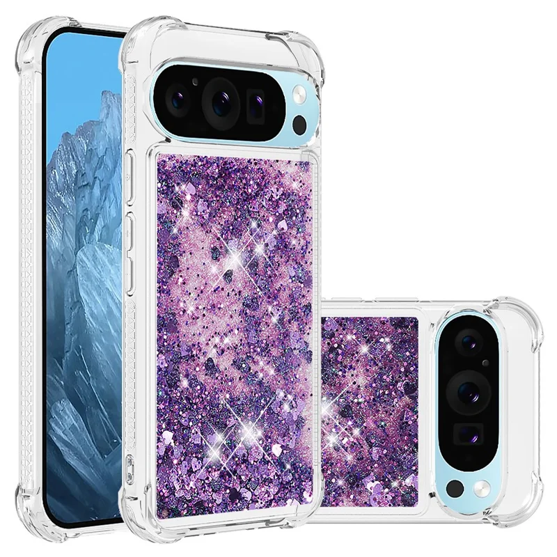 For Google Pixel 9 / Pixel 9 Pro TPU Case Glitter Quicksand Shockproof Phone Back Cover - Dark Purple / Hearts