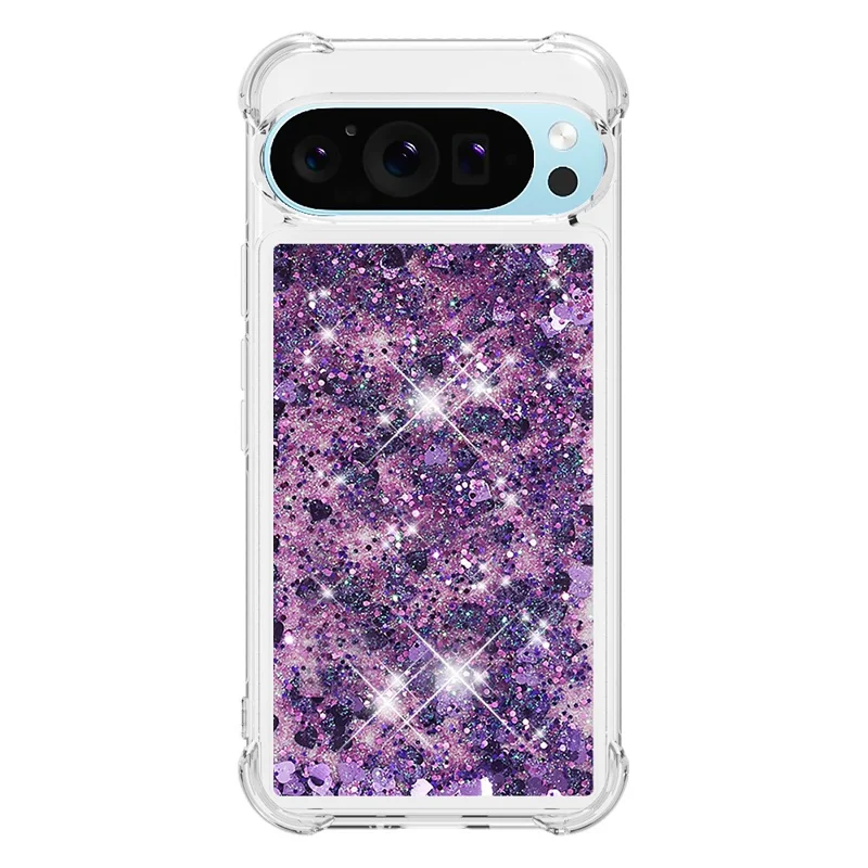 For Google Pixel 9 / Pixel 9 Pro TPU Case Glitter Quicksand Shockproof Phone Back Cover - Dark Purple / Hearts