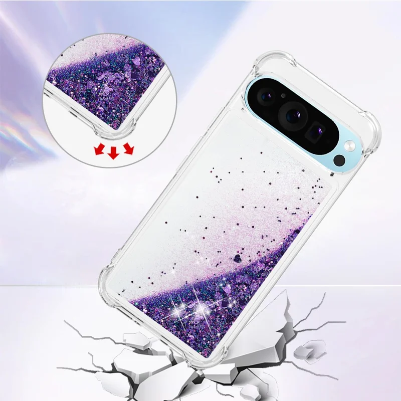 For Google Pixel 9 / Pixel 9 Pro TPU Case Glitter Quicksand Shockproof Phone Back Cover - Dark Purple / Hearts
