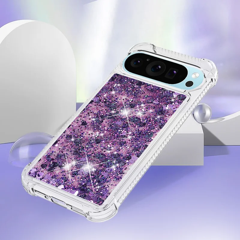 For Google Pixel 9 / Pixel 9 Pro TPU Case Glitter Quicksand Shockproof Phone Back Cover - Dark Purple / Hearts
