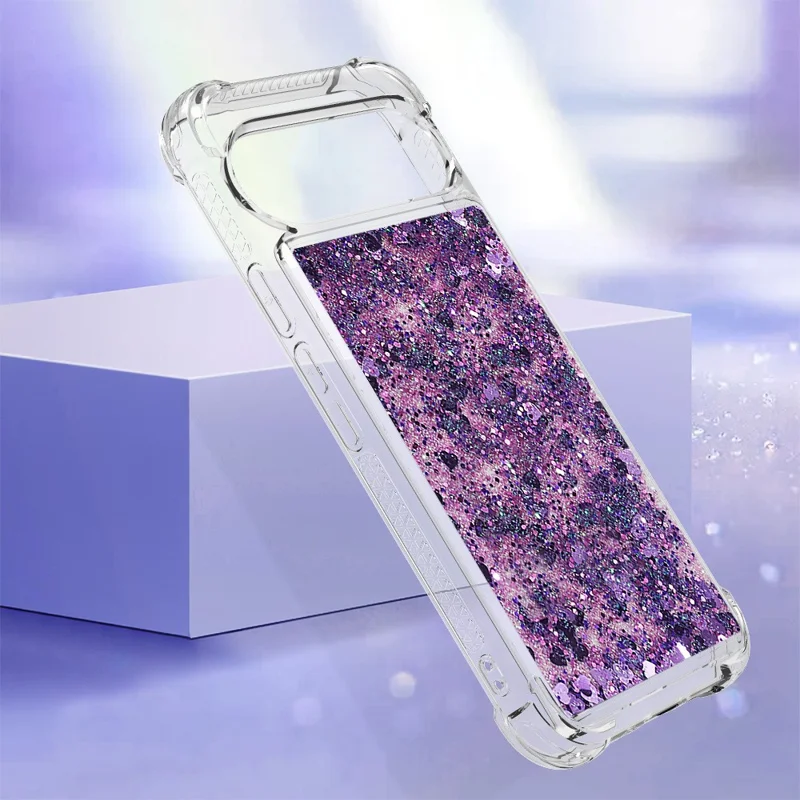 For Google Pixel 9 / Pixel 9 Pro TPU Case Glitter Quicksand Shockproof Phone Back Cover - Dark Purple / Hearts
