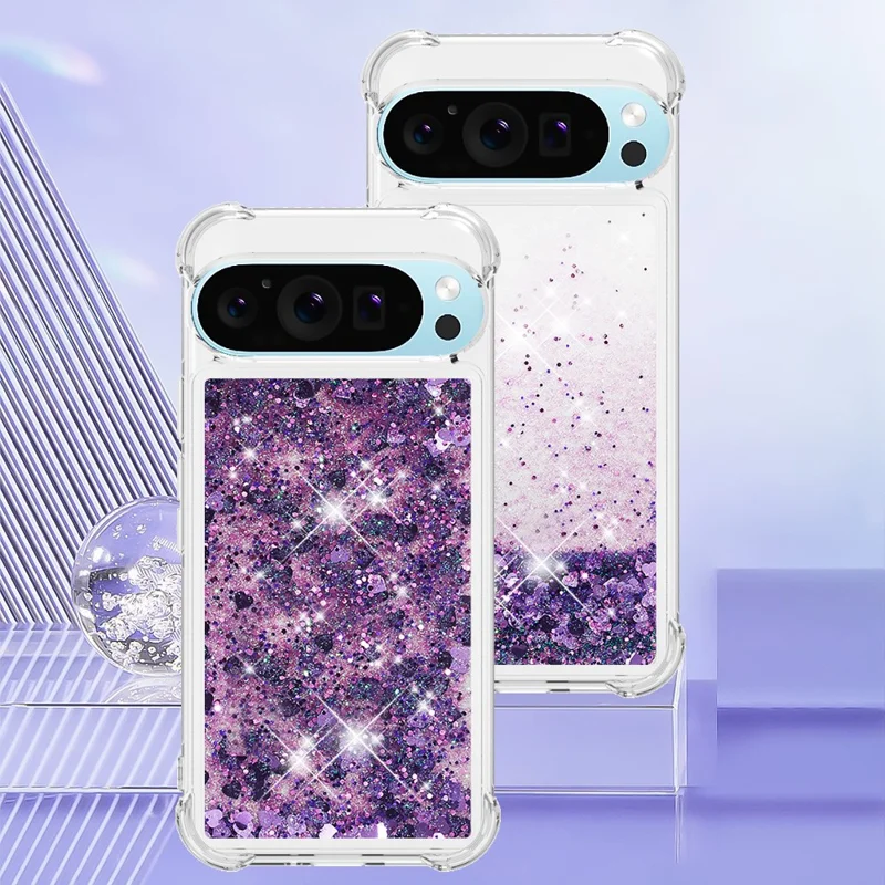 For Google Pixel 9 / Pixel 9 Pro TPU Case Glitter Quicksand Shockproof Phone Back Cover - Dark Purple / Hearts