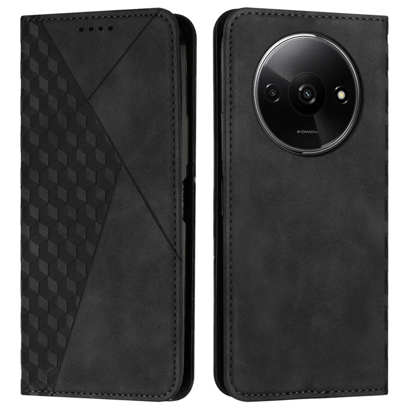 For Xiaomi Redmi A3 4G / Poco C61 4G Case Splicing Rhombus PU Leather Folio Stand View Phone Cover Skin-Touch - Black