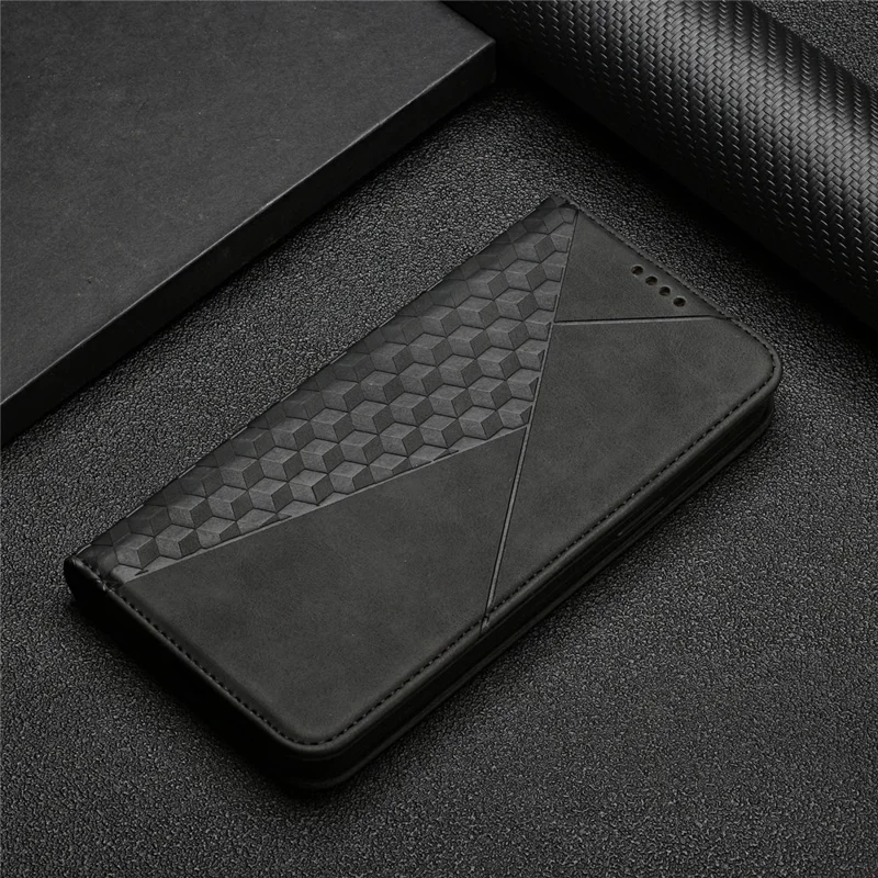For Xiaomi Redmi A3 4G / Poco C61 4G Case Splicing Rhombus PU Leather Folio Stand View Phone Cover Skin-Touch - Black