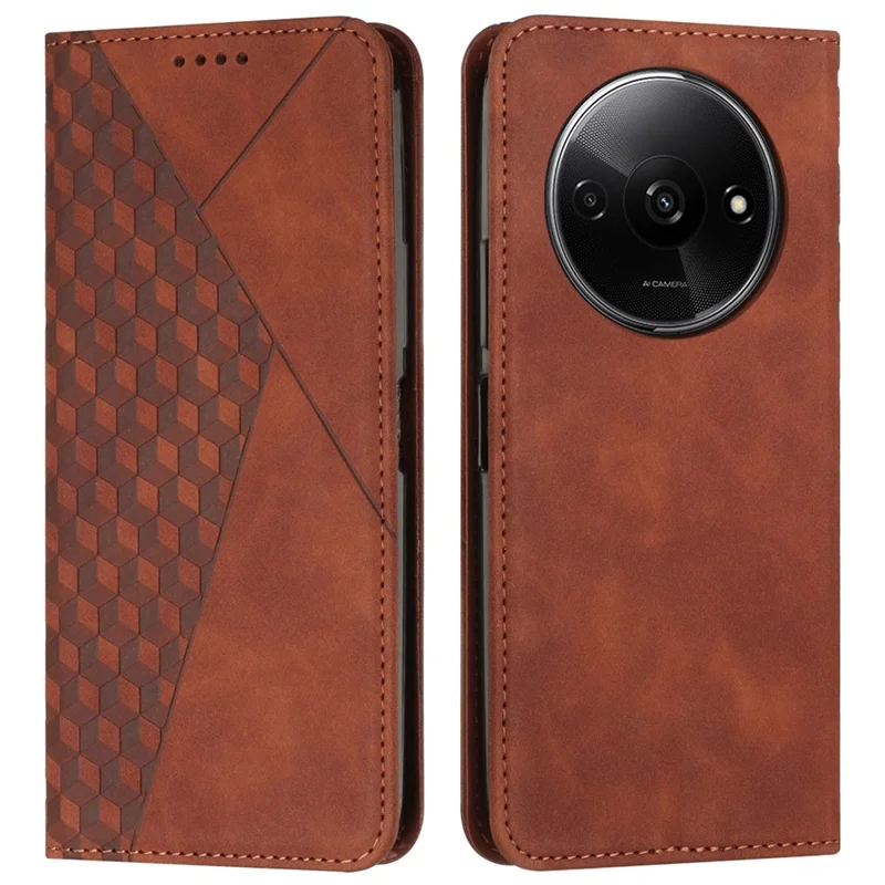 For Xiaomi Redmi A3 4G / Poco C61 4G Case Splicing Rhombus PU Leather Folio Stand View Phone Cover Skin-Touch - Brown