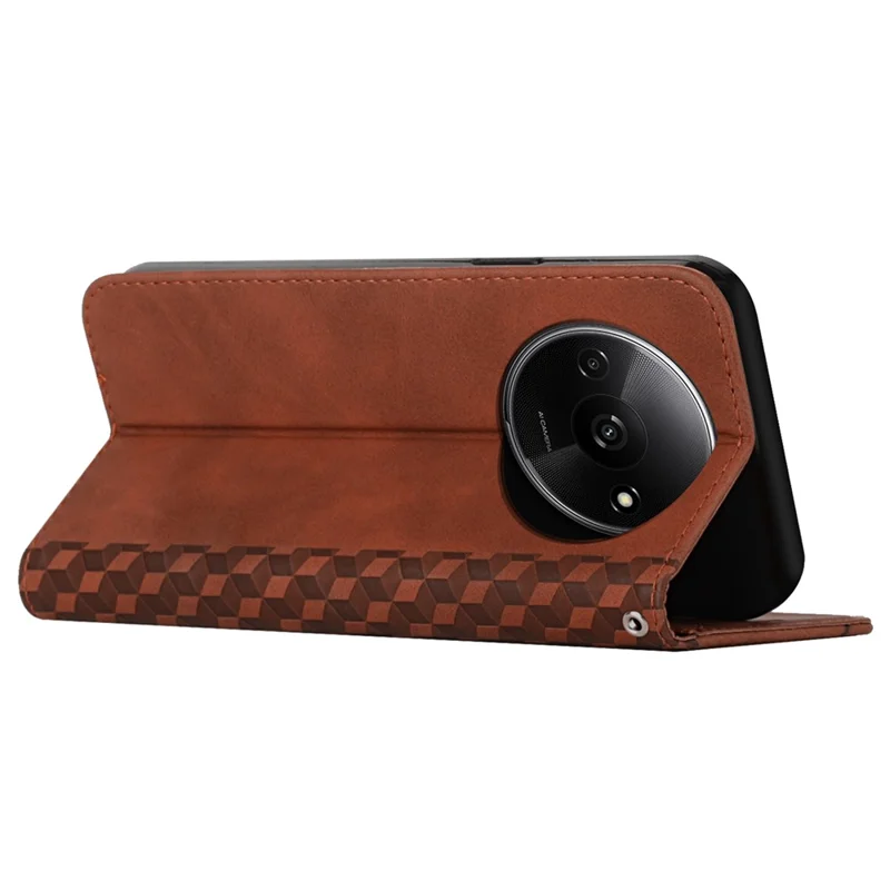 For Xiaomi Redmi A3 4G / Poco C61 4G Case Splicing Rhombus PU Leather Folio Stand View Phone Cover Skin-Touch - Brown
