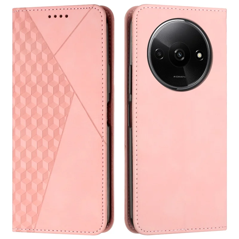 For Xiaomi Redmi A3 4G / Poco C61 4G Case Splicing Rhombus PU Leather Folio Stand View Phone Cover Skin-Touch - Rose Gold