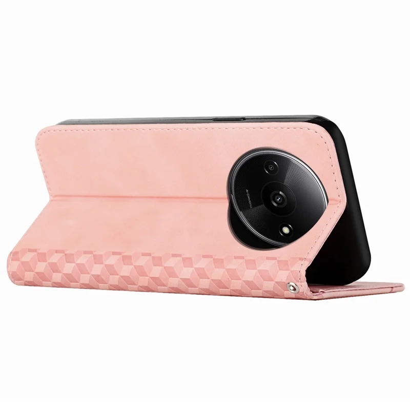 For Xiaomi Redmi A3 4G / Poco C61 4G Case Splicing Rhombus PU Leather Folio Stand View Phone Cover Skin-Touch - Rose Gold