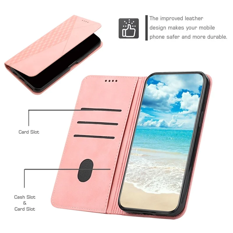 For Xiaomi Redmi A3 4G / Poco C61 4G Case Splicing Rhombus PU Leather Folio Stand View Phone Cover Skin-Touch - Rose Gold