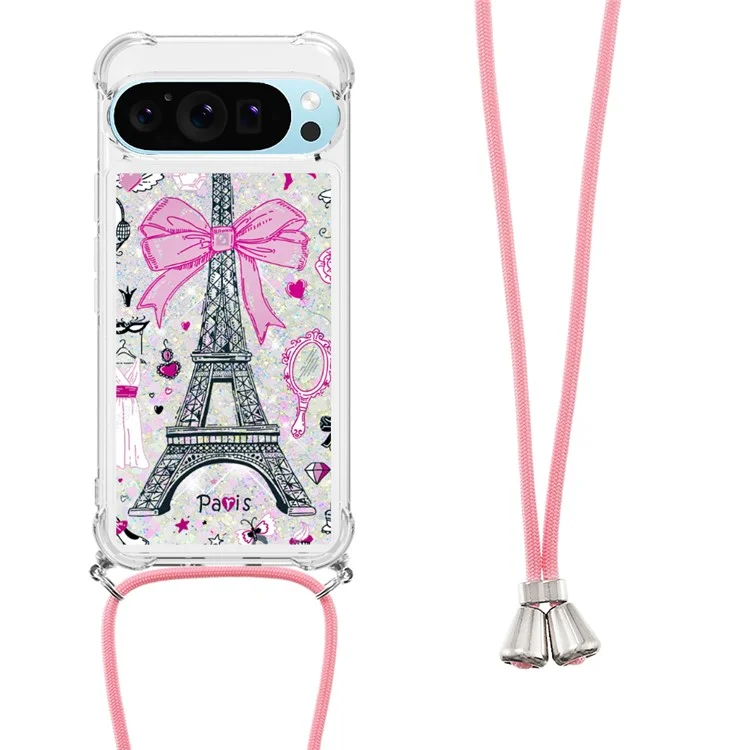 For Google Pixel 9 / Pixel 9 Pro TPU Case with Lanyard Quicksand Pattern Print Phone Cover - Mirror / Tower