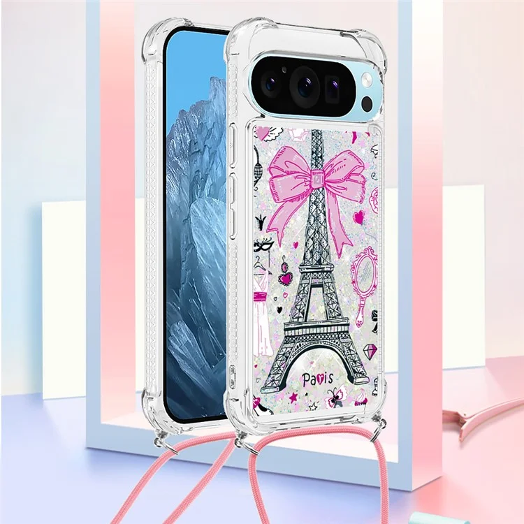 For Google Pixel 9 / Pixel 9 Pro TPU Case with Lanyard Quicksand Pattern Print Phone Cover - Mirror / Tower