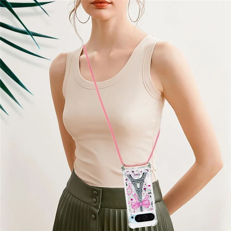 For Google Pixel 9 / Pixel 9 Pro TPU Case with Lanyard Quicksand Pattern Print Phone Cover - Mirror / Tower