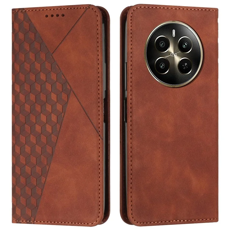 For Realme 12 Pro 5G / 12 Pro+ 5G Phone Case Wallet Splicing Rhombus PU Leather Flip Cover - Brown