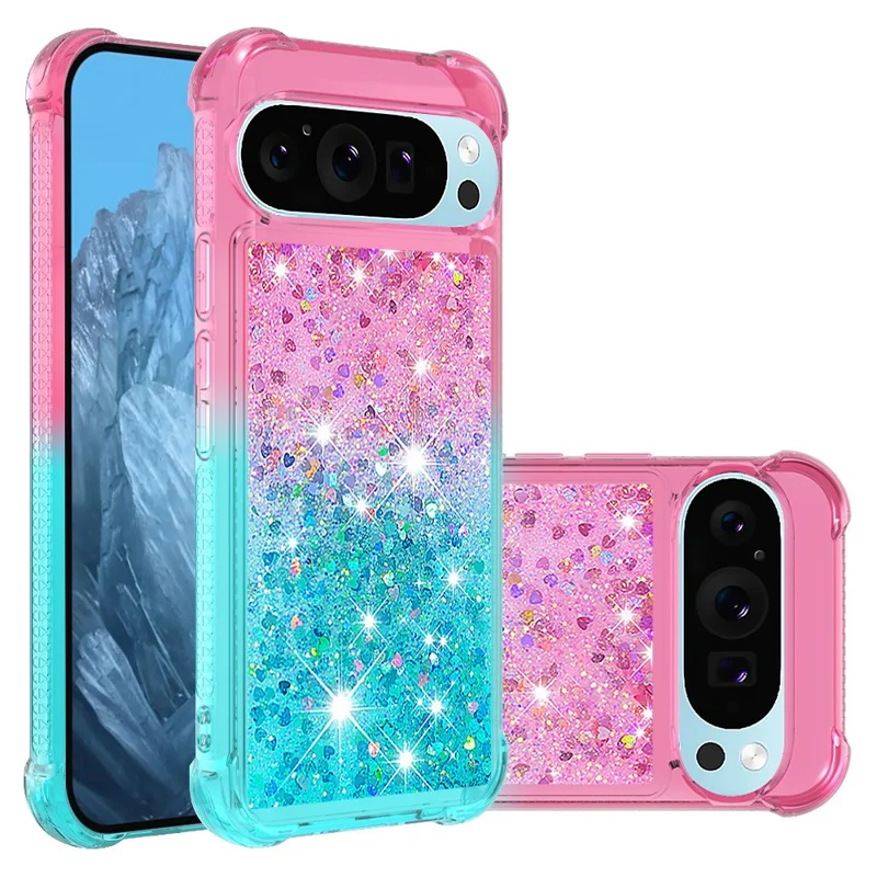 For Google Pixel 9 / Pixel 9 Pro TPU Case Gradient Quicksand Phone Back Cover - Pink+Sky Blue