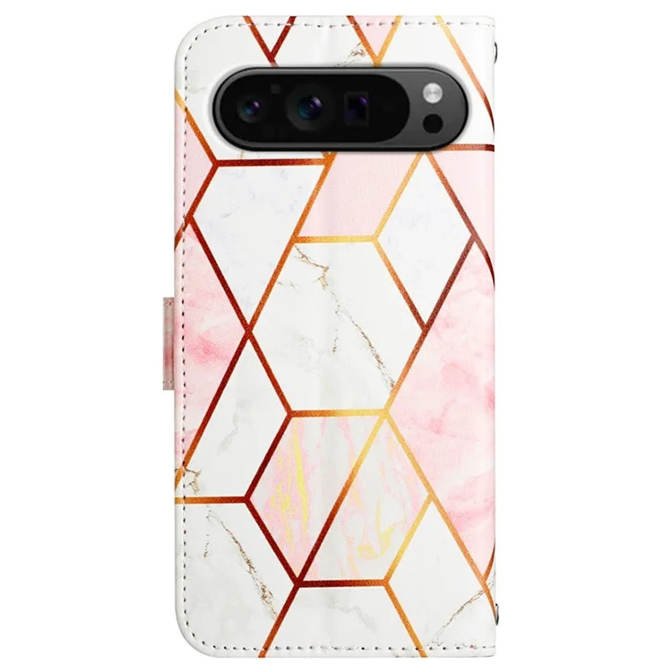 For Google Pixel 9 Pro XL Leather Case with Shoulder Strap Marble Pattern Phone Stand Cover - Pink / White LS002