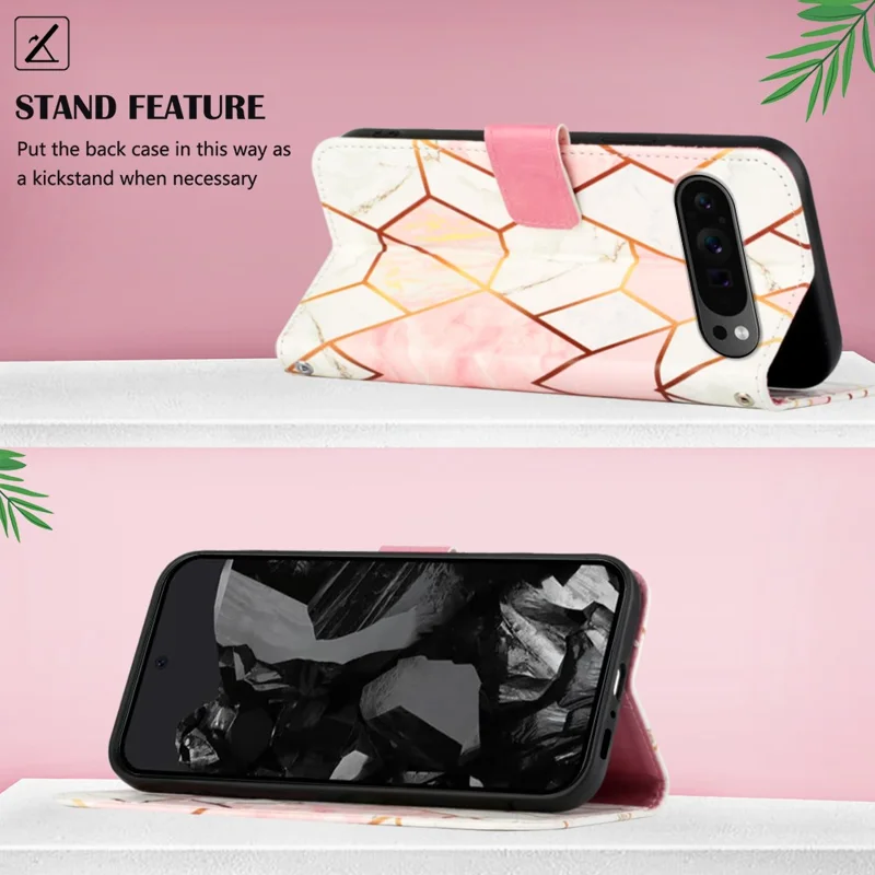 For Google Pixel 9 Pro XL Leather Case with Shoulder Strap Marble Pattern Phone Stand Cover - Pink / White LS002
