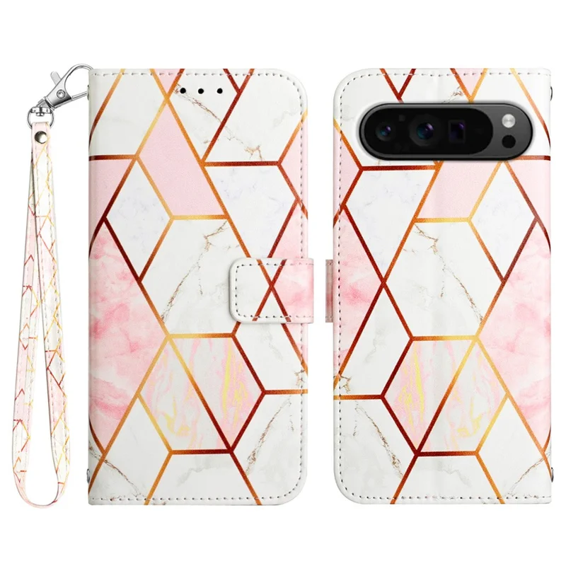 For Google Pixel 9 Pro XL Case with Strap Marble Pattern Leather Phone Cover Card Holder - Pink+White LS002