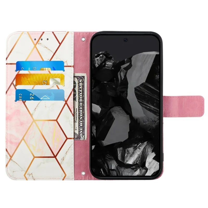 For Google Pixel 9 Pro XL Case with Strap Marble Pattern Leather Phone Cover Card Holder - Pink+White LS002