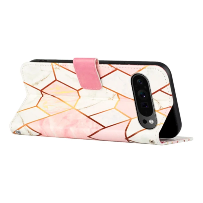For Google Pixel 9 Pro XL Case with Strap Marble Pattern Leather Phone Cover Card Holder - Pink+White LS002