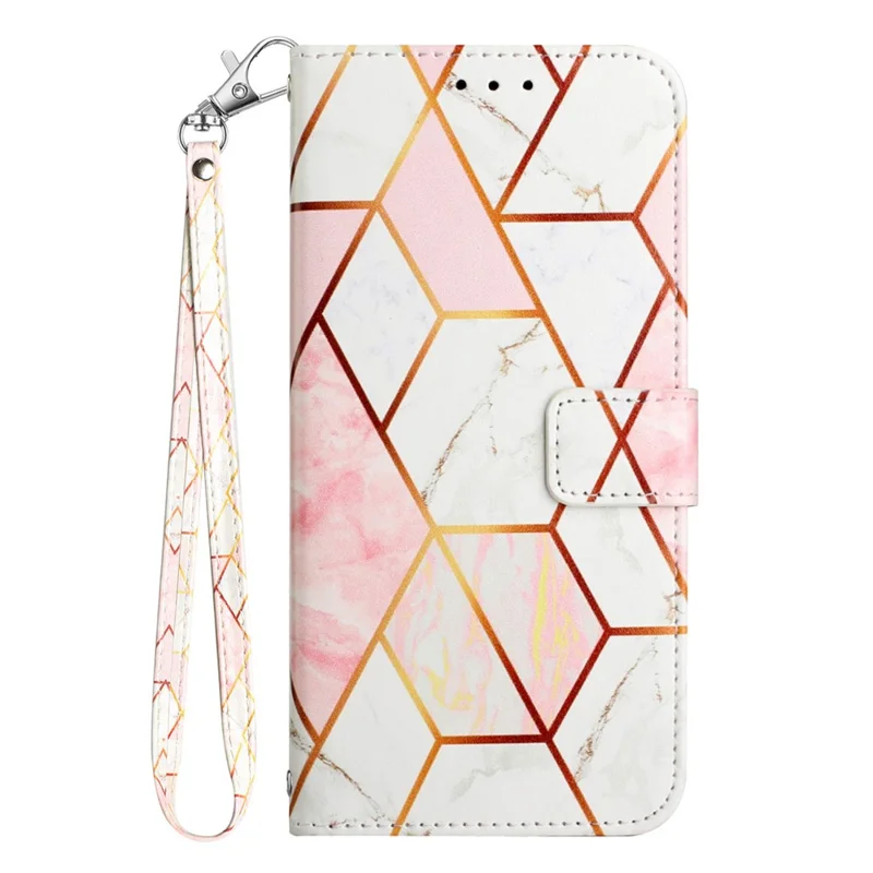 For Google Pixel 9 Pro XL Case with Strap Marble Pattern Leather Phone Cover Card Holder - Pink+White LS002