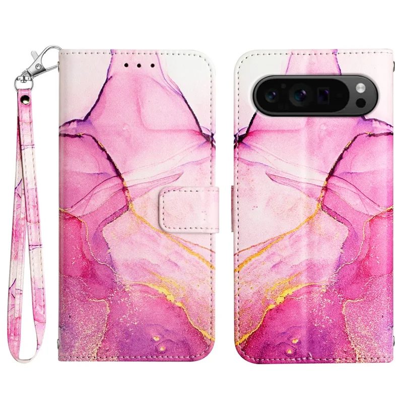 For Google Pixel 9 Pro XL Case with Strap Marble Pattern Leather Phone Cover Card Holder - Pink+Purple+Gold LS001