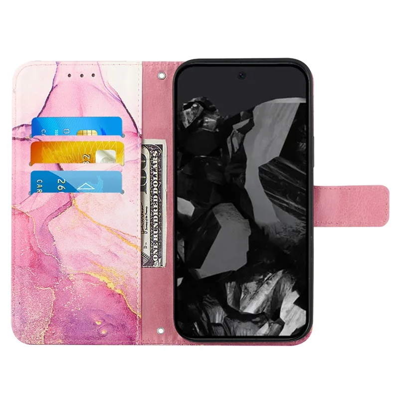 For Google Pixel 9 Pro XL Case with Strap Marble Pattern Leather Phone Cover Card Holder - Pink+Purple+Gold LS001