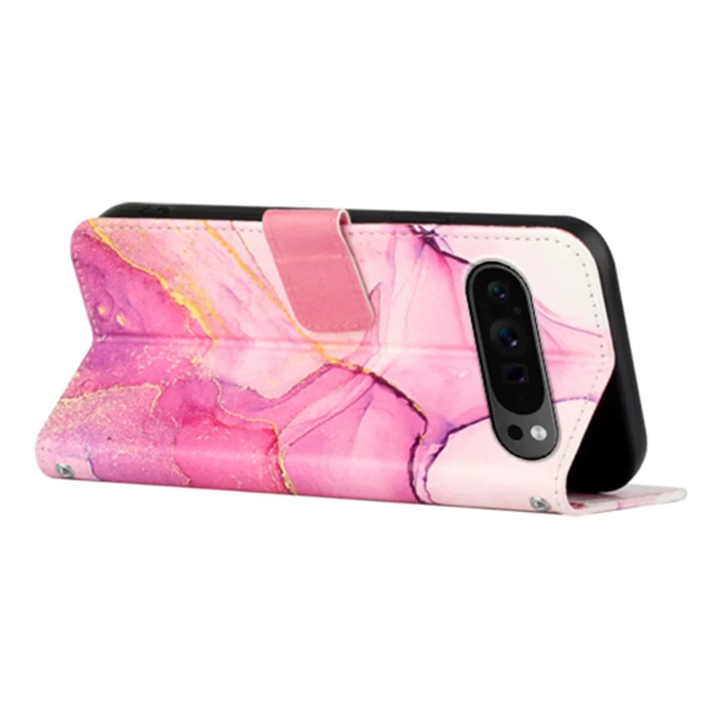 For Google Pixel 9 Pro XL Case with Strap Marble Pattern Leather Phone Cover Card Holder - Pink+Purple+Gold LS001