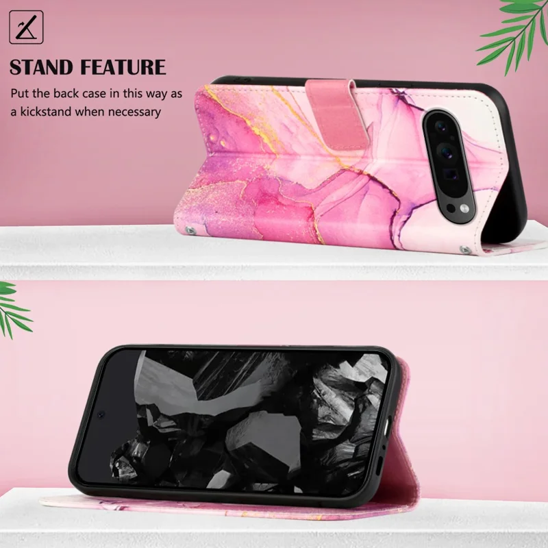 For Google Pixel 9 Pro XL Case with Strap Marble Pattern Leather Phone Cover Card Holder - Pink+Purple+Gold LS001